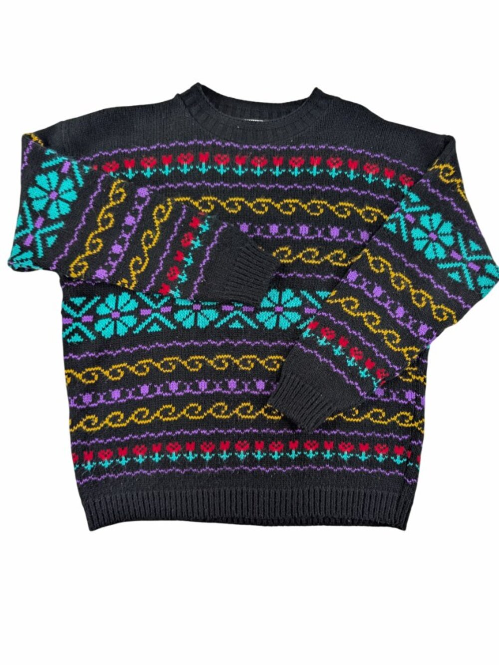 VTG 80s Alicia Black Geometric Floral Knit Crewneck Sweater Large Medium